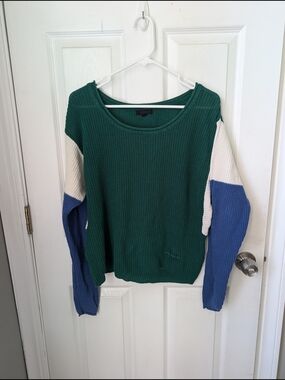 mine Green Colorblock Waffle Knit Sweater with Blue and Cream Sleeves